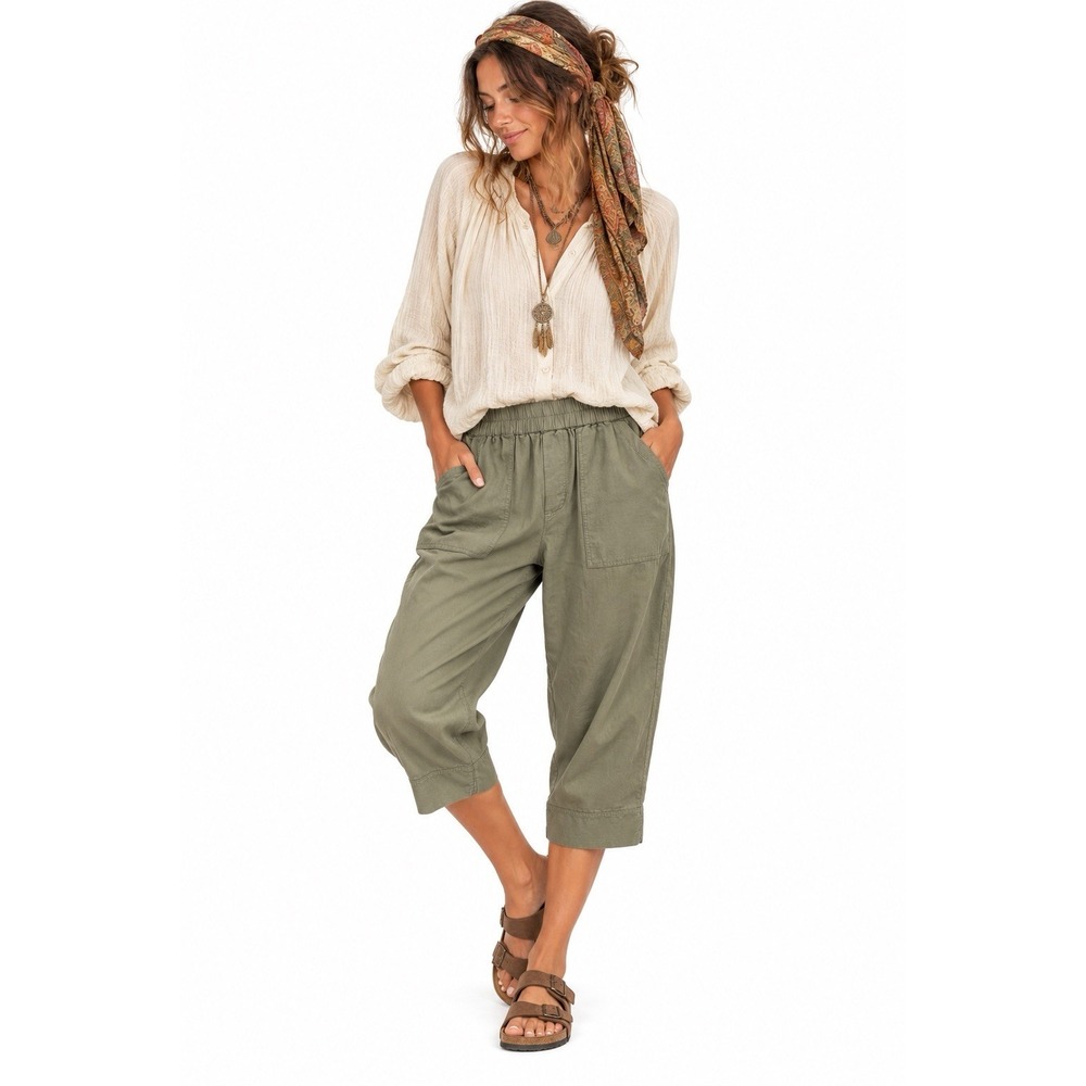 Pact Organic Cotton Cropped Pants L Green Pull On Utility Boho Cottagecore